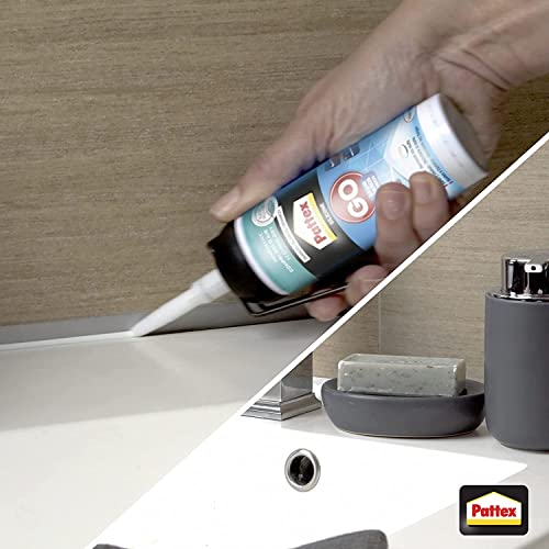 Pattex Silicona Go Baños, silicona blanca para una aplicación fácil y precisa, silicona impermeable resistente al moho, sellador de juntas para baño y cocina, 1 x 100 ml