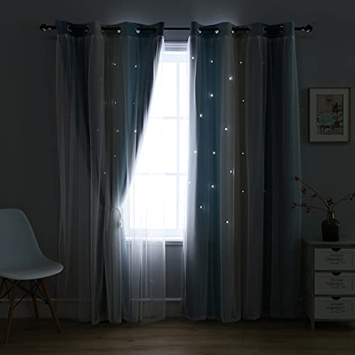 Anytime Blackout Star Kids Curtains For Girls Bedroom Living Room，Rainbow Stripe Double Layer Gradient Window Curtains (Blue,2 Panels Set,W52 X L63Inch) #TOP6