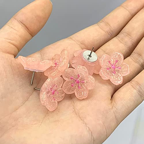 25 Pcs Handmade Pink Resin Cherry Blossoms Push Pin With Glitter Powder Decorative Thumbtacks For Photo Wall, Feature Wall, Whiteboard, Cork Board, Map, Bulletin Board, Office Or Home(Cherry Blossoms) #TOP2