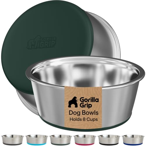 Image of GORILLA GRIP Dog Bowls, Food Grade 304 Stainless Steel, Holds 8 Cups Each (64 fl oz) Food and Water Bowl for Feeding Dogs and Cats, Dishwasher Safe, Rust Resistant, BPA Free Rubber Base Set of 2 Green