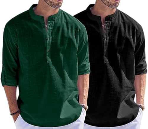 Image of Men's Cotton Blend Straight Kurta Shirt Combo with Mandarin Collar - Slim Fit Casual Short Kurti Set Featuring Textured Slub Fabric and Roll-Up Full Sleeves