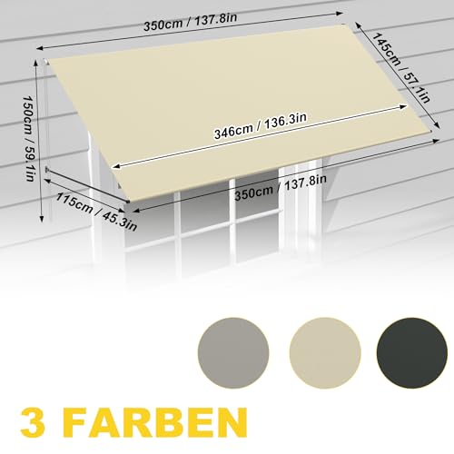 FIVMEN Markiza z ramieniem spadkowym, zwijana, ze sznurkiem i aluminiowym drążkiem podporowym, markiza balkonowa, ochrona przed słońcem na okna, taras, balkon, 350 x 145 cm, beżowa