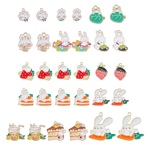 SUPERFINDINGS 32 pz 16 Ciondoli con Ciondolo Coniglio di Pasqua In Stile Simpatico Ciondoli Smaltati Colorati Ciondoli con Torta di Gatto Coniglio di Cartone Animato Ciondoli Coniglio Sfusi