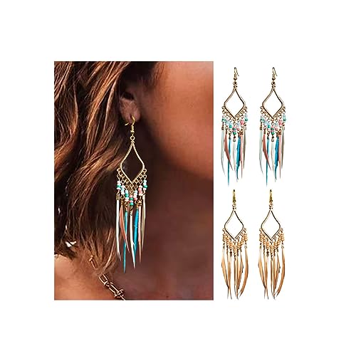 Bead Earrings Set Feather Tassel Gold Boho Ethnic Retro Bohemian Dangle Earring Bead Women Jewelry for Birthday Party Gifts