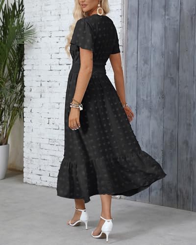 Image of Women Maxi Dresses Boho V Neck Swiss Dot Ruffle Summer Short Sleeve High Waist Tiered Flowy Smocked Cocktail Dresses