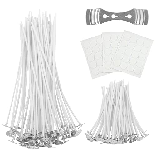 120 PCS Mechas para Velas, Juspota Mechas de Velas Kit para Hacer Velas, Pabilos Pre-Enceradas Mechas Cerosas con Soporte de Metal y Pegatinas, Fabricación de Vela DIY (15cm y 10cm) Cover