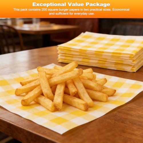 200 Stück Deli Papierblätter, Burger Papier Gitteroptik, Wasserdicht und Öl Burger Tüten, Umweltfreundliches Backpapier, Gelb Kariert Wrap Papier, für Lebensmittel Sandwich, Pommes, 15x15 und 18x18