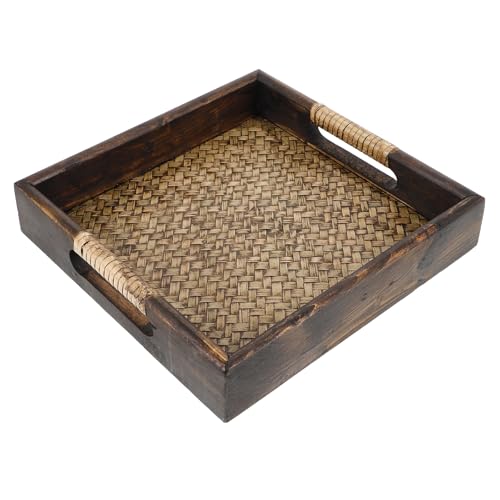 Rustic Rattan Square Serving Trays, Small Wicker Storage Dish with Handle, Coffee Table Decorative Basket Food Board Platters for Bread, Snack, Vegetable, Fruit, Breakfast, 9"