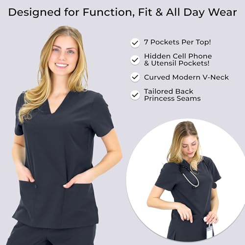 READY SET SCRUBS - Scrub Tops for Women - 3 Pack - Curved Modern V-Neck Top with 7 Pockets - Soft Breathable Four Way Stretch - Dark Grey - Large by READY SET SCRUBS - Image 2
