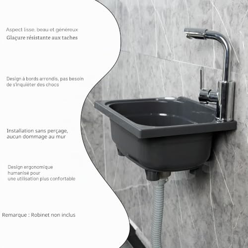 Évier de cuisine utilitaire à cuve unique de 38,1 x 28,9 cm avec trou de robinet de 3,20 cm, évier en plastique pour la maison, le restaurant, le dortoir, le garage, la salle de bain, la buanderie – vue 6