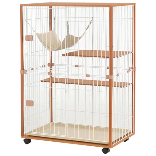 猫 キャットケージ 木製 2段/3段 大型 キャットハウス スチールドア 脱走防止 多頭飼い 留守番 ケージ 室内 ハウス 病院 トリミング ケア おしゃれ 天然木 チーク調 組み立て簡単