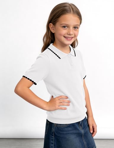 Image of Girls Short Sleeve Polo Shirt V Neck Button Down Shirts Summer Knit School Uniform Crop Tops