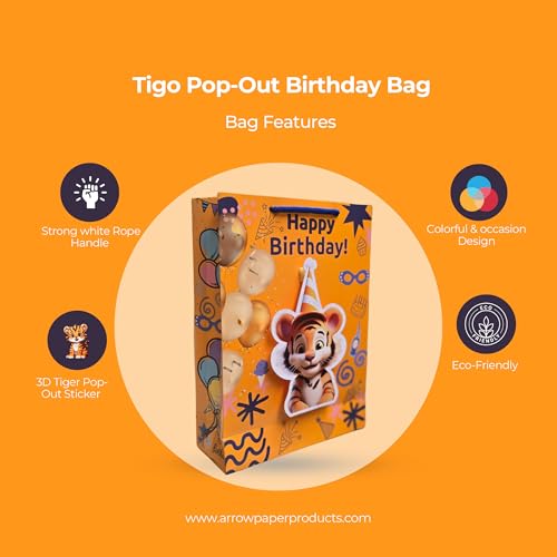 Image of TASCHE 3D Gift Bags for Return Gifts | Pop-Out Paper Bags for Kids Birthday, Baby Shower, Party Favors | 11x8x3 Inches (TIGER POP, Pack Of 40)