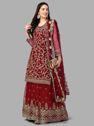 Image of TRENDMALLS Women's Net Embroidery Salwar Suit Set Kurta Lehenga with Dupatta