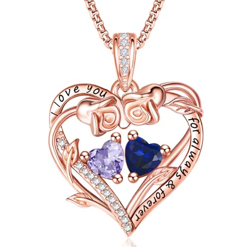 JIYVY32 Rose Gold Plated Alexandrite & Sapphire Birthstone Heart Necklace