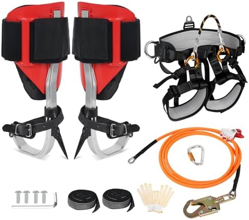 Tree Climbing Spikes Set for Tree Work, Adjustable Tree Climbing Gear with Safety Seat for Tree Climbing and 10FT Steel Wire Core Flip Line Kit for Outdoor Jungle Survival Fruit Picking (Full Set)