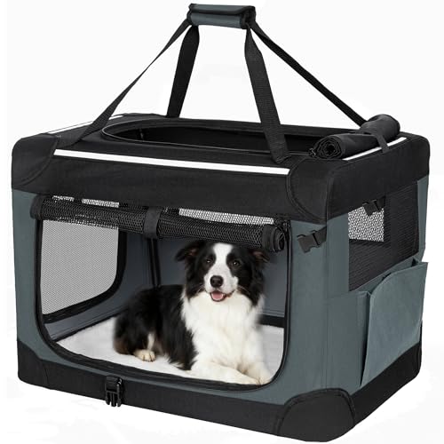 Fobyfurny Trasportino Pieghevole per Cani, Trasportino da Viaggio Portatile e Traspirante a 3 Porte con Rifiniture Riflettenti e Tasca Laterale, Uso Interno ed Esterno, Grigio, 91,4 x 63,5 x 63,5 cm