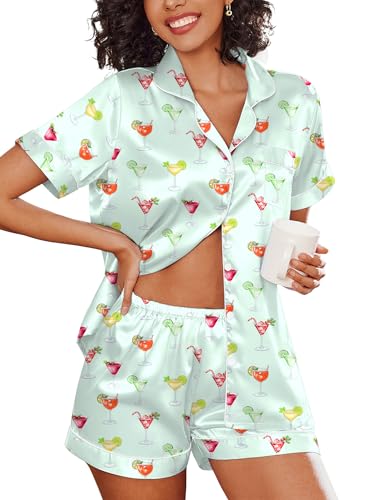 Image of Ekouaer Women's Silk Satin Pajama Set Short Sleeve Pjs Shorts Set S-XXL