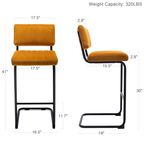 Image of ONEVOG 30 Inch Modern Bar Stools Set of 2, Upholstered Mid Century Modern Bar Height Stools Chairs with Tufted Cushion and Backs, Velvet Fabric Cantilever Barstools for Kitchen Island Pub