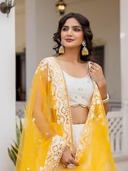 TRENDMALLS Borduurwerk Sequentie Werk Semi-Gestikte Lehenga Choli Unstitch Blouse met Dupatta Voor Vrouwen, Donkere perzik, One Size