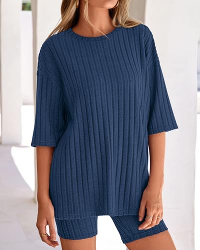 Image of KIRUNDO Short Sets For Women Summer 2 Piece Matching Lounge Sets Casual Rib Knit Tshirts Biker Shorts Beach Vacation Outfits