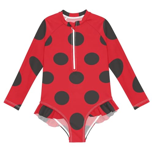Girls One Piece Swimsuits Long Sleeve Swimsuit Zipper Bathing Suits Ladybugs Red Black Polka Dot