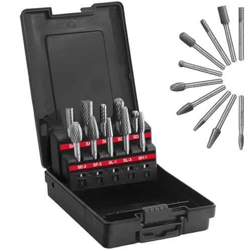 JUSTOOL 10PC Carbide Burr Set 1/4 Shank Single Cut Die Grinder Bits Tungsten Rotary Cutting Burrs Carbide Drill Bit Set for Milling, Carving, Engraving, Deburring, Drilling, Hard Wood and Metals