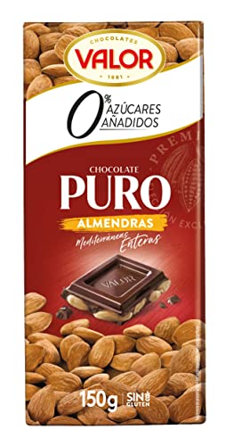 Valor - Chocolate Puro con Almendras mediterráneas Enteras, sin Azúcar. Chocolate Valor sin Gluten- 150 Gramos