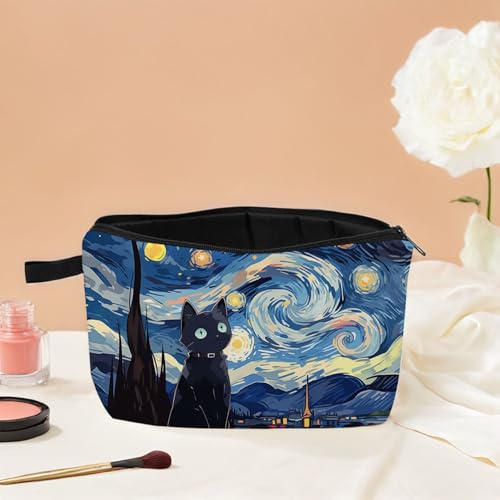 Starry Night Oil Painting Cat Makeup Bag for Women Travel Cosmetic Organizer Bag Teacher Appreciation Gifts Small Zipper Toiletry Bag4