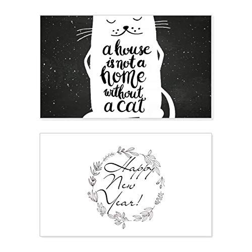 Tarjeta conmemorativa de Año Nuevo con diseño de gato en blanco y negro y cita en inglés
