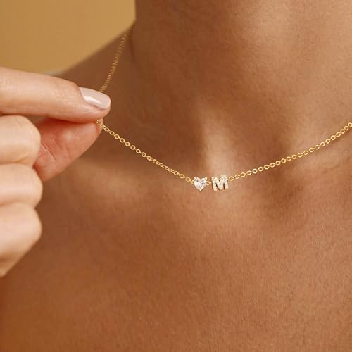 Initial Heart Necklaces for Women - Dainty Cute Necklace Small Layered 14K Gold Plated A-Z Letter CZ Pendant Trendy Satellite Chain Necklaces for Women Non Tarnish Gold Jewelry Set Gift