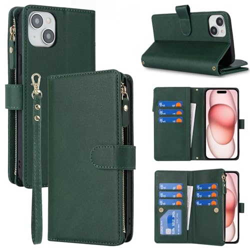 Jaorty Wallet Case for iPhone 15 with Wrist Strap,6.1",Dark Green