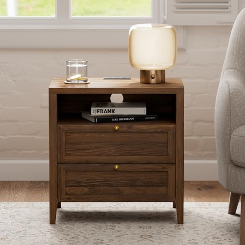 Image of EYYTHUNG Wooden Nightstand with Charging Station Modern End Table with 2 Drawers Farmhouse Night Stand Bedside Side Table with Storage Open Shelf for Sofa, Bedroom, Brown