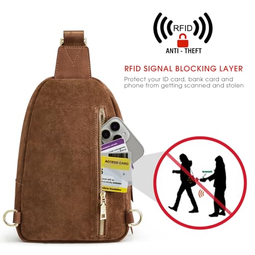 Image of Kattee Sling Bag for Women, Genuine Suede Leather Fanny Packs Crossbody Purse, Small Chest Bag with RFID Blocking, Coffee