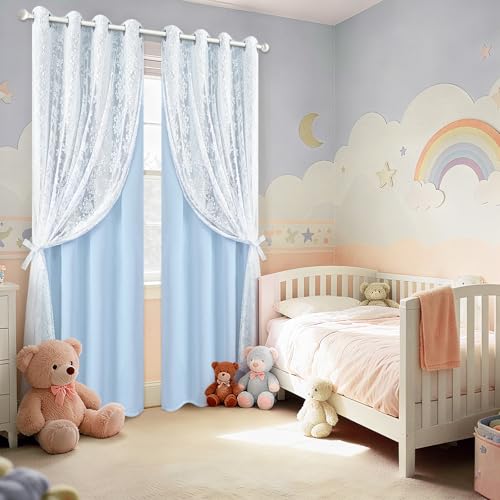 Image of Yinhua Blue Curtains for Living Room Blackout Curtains for Bedroom 84 Inches Long Double Layer Curtain with Tiebacks, Thermal Insulation Grommet Drapes for Nursery Dining Room, 52 inch W x 84 inch L