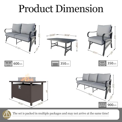 Image of 6-Piece Outdoor Furniture Set, Patio Conversation Set Include 3-Seater Sofa Single Chairs Loveseat Couch with Coffee Table and Fire Pit Table for Deck, Porch (Gray Cushions)
