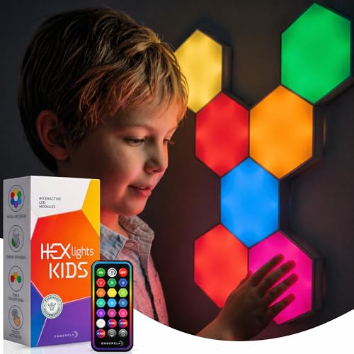 Image of Emberela HEXlights Sensory Lights for Kids - 7pk Touch Hexagon Lights, Remote Controlled - Autism-Friendly Tap Tap Wall LED Panels for Sensory Room - Table Stand Included