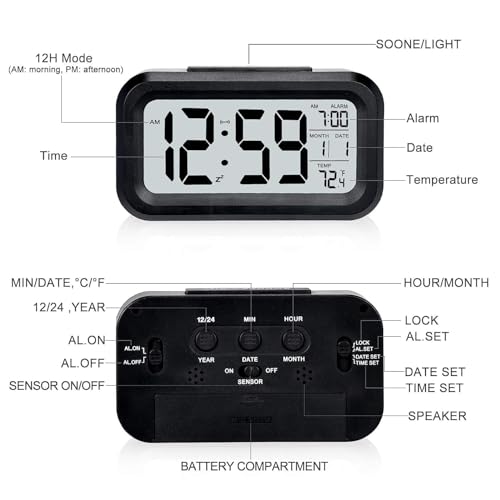 Image of Digital Alarm Clock with Automatic Sensor, Date and Temperature Display, Compact Desk Table Clock for Students, Home, Office, Bedroom, Living Room,Home Decor, Corporate Use (Black Digital)