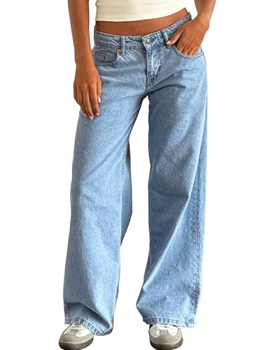 Flvsun Women's Wide Leg Low Waisted Baggy Jeans Casual Loose Y2K Boyfriend Straight Denim Pants (US,...