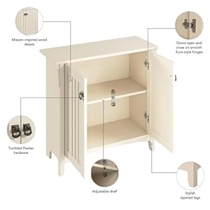 Bush furniture salinas small storage cabinet with doors and shelves in antique white 2 door accent chest for home office living room entryway  urban country home decor