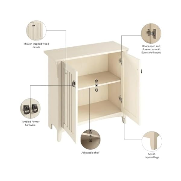 Bush furniture salinas small storage cabinet with doors and shelves in antique white 2 door accent chest for home office living room entryway  urban country home decor