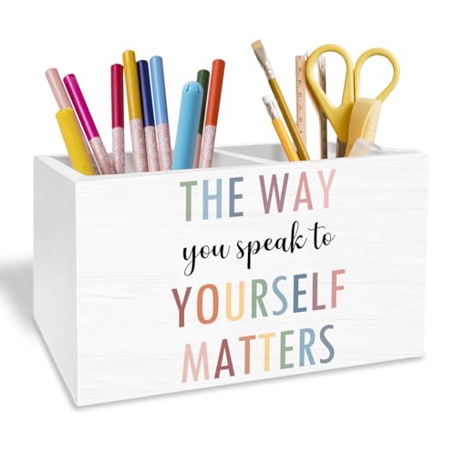METNBASYY Boho Mental Health Pen Holder for Desk, Psychology Gifts Pencil Organizer, The Way You Speak to Yourself Matters Wooden Box Sign Desk Decor for Therapy Office Classroom Decoration