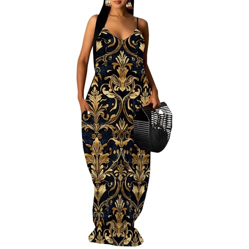 Image of Women's Summer Maxi Dress Spaghetti Strap Floral Boho Beach Long Sundress with Pockets