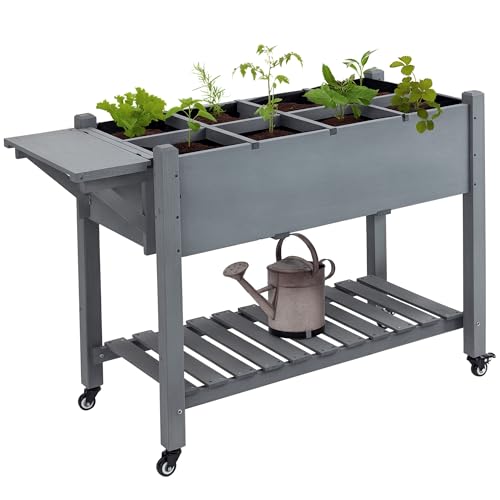 Outsunny Raised Garden Bed with 8 Grow Grids, Wooden Outdoor Plant Box Stand with Folding Side Table and Wheels, 49' x 21' x 34', for Vegetables, Flowers, Herbs, Gray