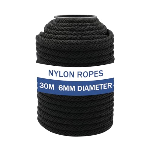 NQ 6mm Dia x 30 Meters Nylon Rope, 1/4 inch Nylon Cord for Outdoor, Camping, Hiking, Heavy Duty Rope, DIY String for Crafts, Clothesline, Swing(Black)