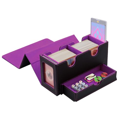 Tolesum Caja De Tarjetas De Doble Capa Para Mtg, Con Cajón De Dados, 2 Ventanas Laterales, Caja De Cubierta Magnética Con Capacidad Para Más De 300 Tarjetas Para Cartas Commander Tcg -Negro Morado