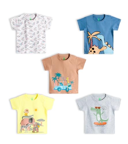 Image of YUV Infant Baby Boys & Girls 100% Cotton Printed Multicolor Half Sleeve T Shirts - 0 to 24 Months Babies, Pack of 5