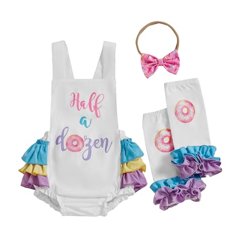 Bagilaanoe Baby Girls Birthday Clothes Sleeveless Letter Donut Print Romper with Bow Headband and Leg Warmers