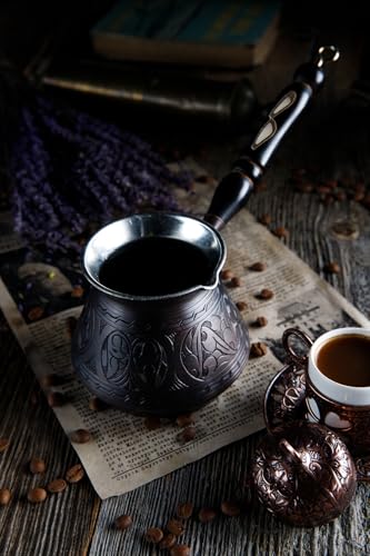 Image of DEMMEX 15 oz Large Copper Turkish Coffee Pot Cezve Ibrik Greek Coffee Briki Stovetop Coffee Maker with Wooden Handle & Spoon, 1mm Thick Copper, Handmade & Engraved in TURKEY, 6 Servings