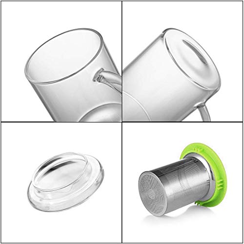Tomotime Glass Tea Cup with Lid and Stainless Steel Infuser Basket Perfect Clear Tea Mug for Office and Home Uses for Loose Leaf Tea Steeping 13.5 Ounce,400ml, Green